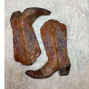 Corral Women's Embroidered Leather Western Cowboy Boots 6.5 Pointed Toe Brown‎